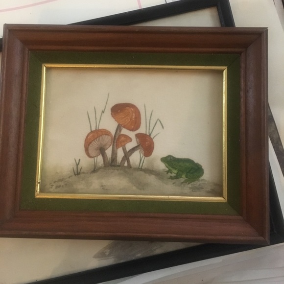 Vintage Boho Framed Frog Mushroom Print 60s 70s